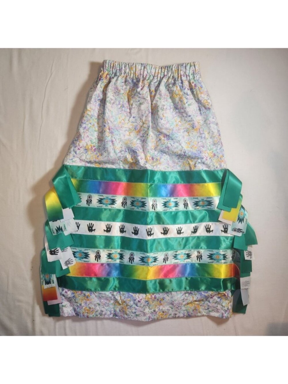 Handmade Indigenous Ribbon Skirt Floral Dreamcatcher Rainbow Adjustable Waist